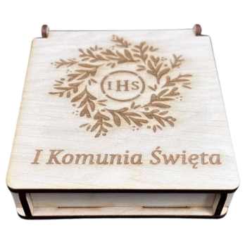 DREWNIANE PUDEŁKO KOMUNIJNE PREZENT IHS NA UPOMINEK PIENIĄDZE KOMUNIA