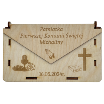 DREWNIANE PUDEŁKO KOPERTA NA PIENIĄDZE PIERWSZA KOMUNIA ŻYCZENIA PAMIĄTKA
