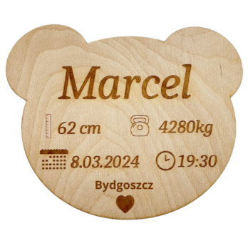 DREWNIANA METRYCZKA DZIECIĘCIA MIŚ DZIECKO NARODZINY PERSONALIZOWANA