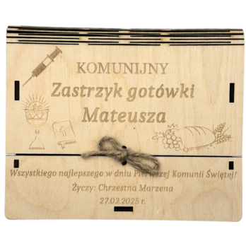 KARTKA PUDEŁKO NA PIERWSZĄ KOMUNIĘ ZASTRZYK GOTÓWKI PREZENT GRAWER PIENIĄDZ