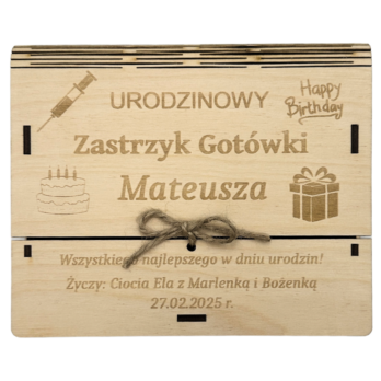 KARTKA PUDEŁKO NA URODIZNY ZASTRZYK GOTÓWKI NA PREZENT PIENIĄDZE GRAWER