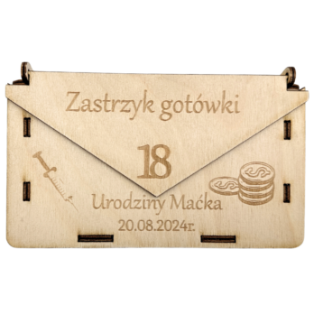 DREWNIANA KOPERTA ZASTRZYK GOTÓWKI NA PIENIĄDZE PREZENT PERSONALIZOWANA