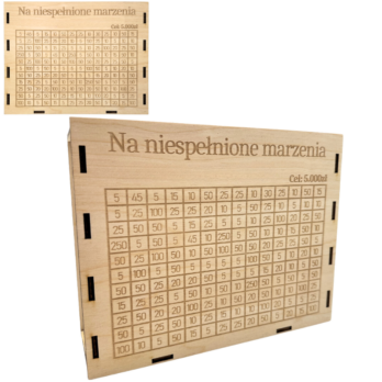 DREWNIANA SKARBONKA WYKREŚLANA DOWOLNY NAPIS PREZENT WYZWANIE OSZCZĘDZANIE