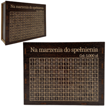 SKARBONKA WYKREŚLANA DOWOLNY NAPIS PREZENT WYZWANIE OSZCZĘDZANIE DĄB WENGE