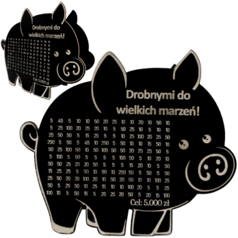 CZARNA ŚWINKA SKARBONKA DROBNYMI DO WIELKICH MARZEŃ WYZWANIE WYKREŚLANKA