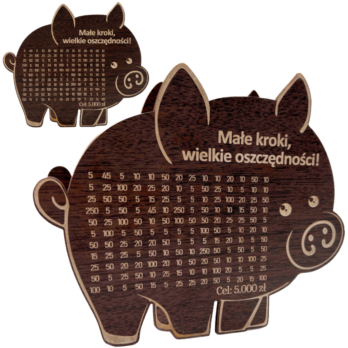 ŚWINKA SKARBONKA MAŁE KROKI WIELKIE OSZCZĘDNOŚCI WYKREŚLANKA DĄB WENGE