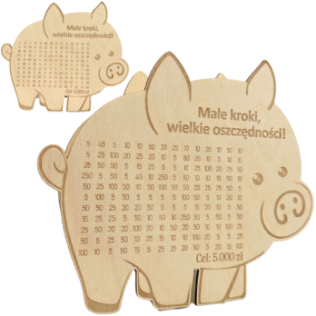 DREWNIANA ŚWINKA SKARBONKA MAŁE KROKI WIELKIE OSZCZĘDNOŚCI WYKREŚLANKA