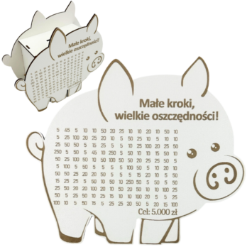 BIAŁA ŚWINKA SKARBONKA MAŁE KROKI WIELKIE OSZCZĘDNOŚCI WYZWANIE WYKREŚLANKA