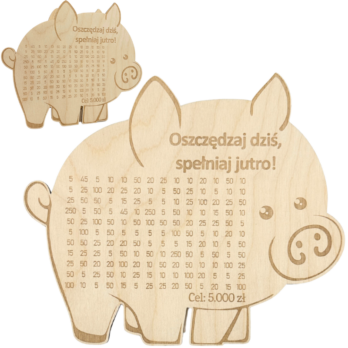 DREWNIANA ŚWINKA SKARBONKA OSZCZĘDZAJ SPEŁNIAJ WYKREŚLANKA WYZWANIE