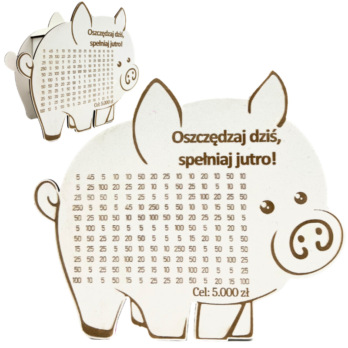 BIAŁA ŚWINKA SKARBONKA OSZCZĘDZAJ SPEŁNIAJ WYKREŚLANKA WYZWANIE ŚWINIA