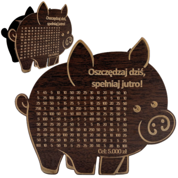 ŚWINKA SKARBONKA OSZCZĘDZAJ SPEŁNIAJ WYKREŚLANKA WYZWANIE DĄB WENGE