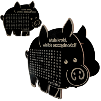 CZARNA ŚWINKA SKARBONKA MAŁE KROKI WIELKIE OSZCZĘDNOŚCI WYZWANIE WYKREŚLANKA