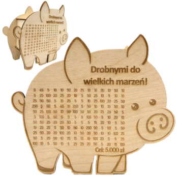 DREWNIANA ŚWINKA SKARBONKA DROBNYMI DO WIELKICH MARZEŃ WYZWANIE WYKREŚLANKA