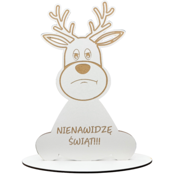 BIAŁY RENIFER NA PODSTAWCE NIENAWIDZĘ ŚWIĄT DEKORACJA ŚWIĄTECZNA DEKOR